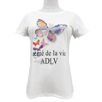 China Fashion QUICK DRY women casual tops butterfly beaded summer printing tee shorts sleeved T-shirt wholesale for sale