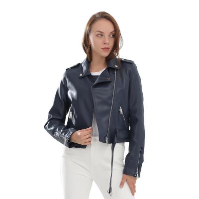 China 2021 New Fashion Women Autumn Winter Turn Down Collar Waterproof Blue Zipper Basic Coat Biker Jacket Faux Leather Jackets for sale