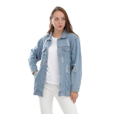 China Lady Oversized Breathable Jean Jacket Women Ripped Distressed Style Fashion Sheath Long Jean Jacket Loose Denim Coat Denim Jackets for sale