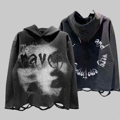 China Cotton Distressed Hoodie Dtg Print Hoodie French Terry Pullover Ripped Cut Raw Hem Hoodie for sale