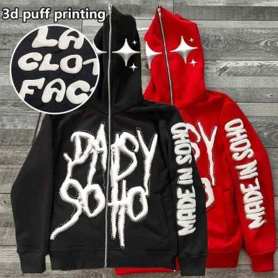 China Roupas de rua personalizadas 100% algodão peso pesado rosto completo fechado Rhinestone 3D puff Hoodies de impressão à venda