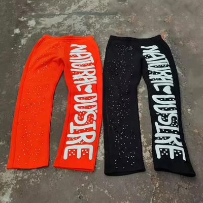 China Custom Rhinestone Puff Print Sweat Pants Joggers Vintage Acid Wash Flared Sweatpants Men for sale