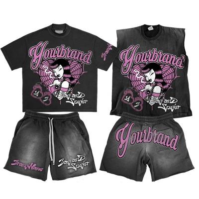 China Custom Logo Säure Waschen Hoodies Schweiß Shorts Schwarz Crop Top und Ärmellos Tank Top Set zu verkaufen