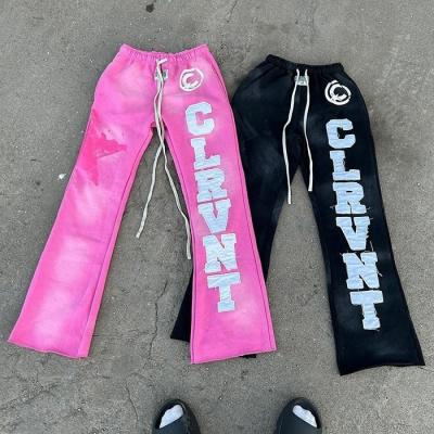 China Flared Mens Sweatpants Black Oversized Cut Raw Hem Acid Wash Sunfaded Embroidery Patch for sale