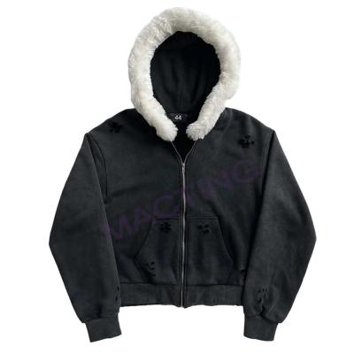 China Solid Acid Wash Sun Faded Distressed Custom Full Zip Up Hoodies Coat with Fur Collar for sale