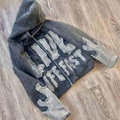 China Colorful Vintage Embroidery Patchwork Hoodie with Full Zipper and Distressed Applique for sale