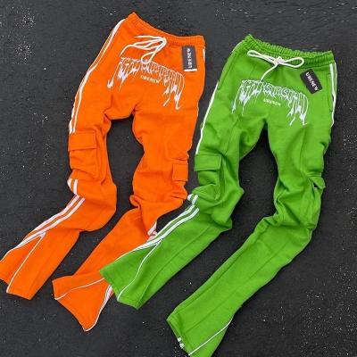 China Cotton Flared Sweatpants For Men Women Zipper Pockets Cargo Pants Stacked Flared Stripe Sweatpants for sale