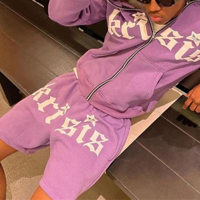 China Cool Colourful Tracksuit Combat Distressed Embroidery Patchwork Hoodie Shorts Sets French Terry 3D Puff Printing for sale