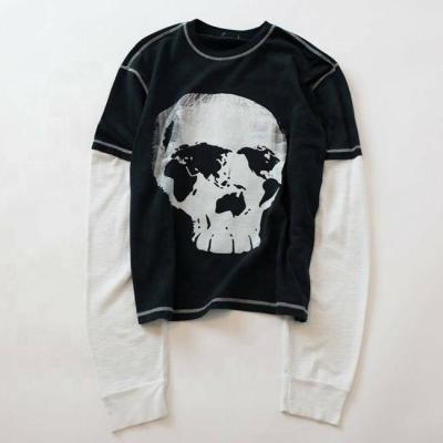 China Hip Hop Style Custom Double Layer Long Sleeve T Shirt Double Shaded Shirts With Printed Skull Graphic for sale