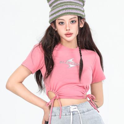 China Y2k Side Drawstring Hallow Out Design Korte mouw Crop Top Hot Sexy Fashion Slim Custom Baby Tee Te koop