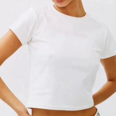 China Camiseta delgada en blanco para mujer Camiseta de algodón transpirable con tapa corta Cuello de tripulación de punto Popular en venta