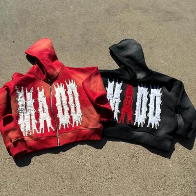 China Blank Custom Couple Hoodie bordado Sol desbotado Patchwork Distressed Streetwear Hoodie à venda