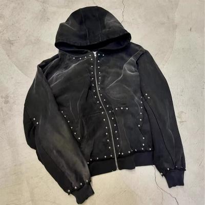 China 500gsm Black Rhinestone Zip Up Hoodie Men Oversized Autumn Hooded Hoodie Sun Faded Acid Wash Look for sale