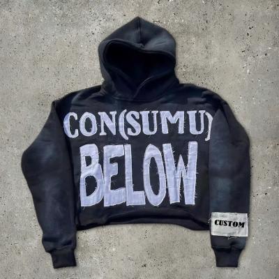 China 100 Cotton Hoodies For Men Terry Cut Raw Hem Embroidery Applique Sun Faded Acid Wash for sale