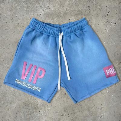 China Puff Print Short Acid Washed Shorts Blue Cut Raw Hem Cotton Fleece Zipper Pockets Streetwear Sweat for sale