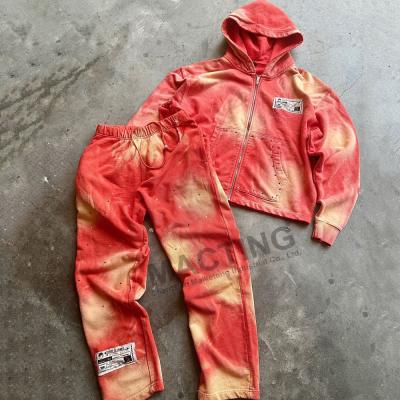 China Vintage Sun Faded Acid Wash Tracksuits Custom Rhinestone Distressed Hoodie And Sweatpants Set for sale