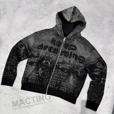 China Impressão completa Vintage Distressed Aplique bordado Hoodie 800 gramas Peso do tecido à venda