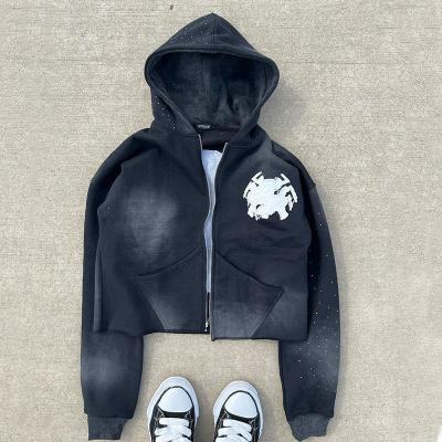 Κίνα Ζιπ επάνω οξύ πλύση Hoodies αναστατωμένη κεντήματα Εφαρμογή Custom Γαλλική Terry Crop Top προς πώληση