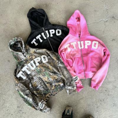 Κίνα Ανδρικά Custom Zip Up Hoodie σε Vintage στυλ με Camo Distressed κεντήματα προς πώληση