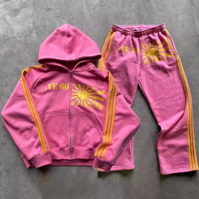 China Custom Screen Printing Logo Stripes Tracksuit Vintage Acid Washed Zip Up Hoodie And Jogger Sweat Pant for sale