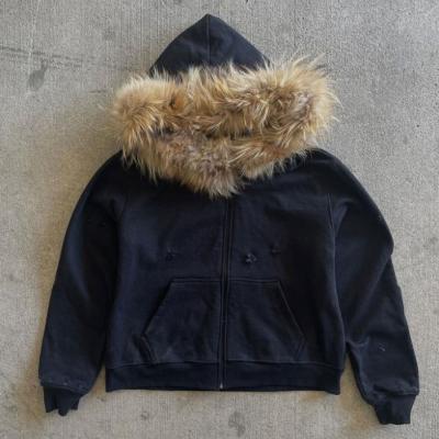 China Custom Winter French Terry Hoodie met bont kap Vintage Organic Cotton Mensen Zip Up Faux Fur Hoodie Te koop