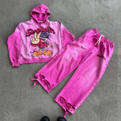 China Streetwear Rhinestone Zip up Hoodie Sweat Pants Set Acid Wash Man Tracksuit Sun Faded Men Sweatsuit for sale