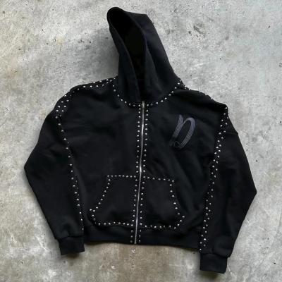 China Custom Streetwear Boxy Fit French Terry 100% Cotton Zip Up Rivet Studded Rhinestone Mensen Hoodies Te koop