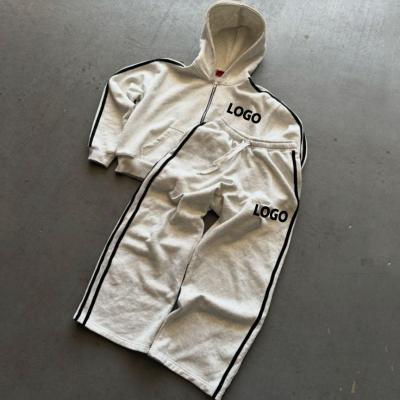 China Custom Heavy Cotton Side Stripe Cropped Boxy Zip Up Hoodies and Baggy Sweatpants Set Sweat Suits for sale