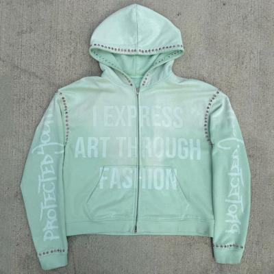 Китай Custom Gemstone Zip Up Heavy Weight Hoodie Vintage Acid Washed Baggy Boxy Fit Cropped Rhinestone Hoodie продается