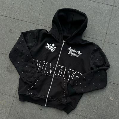 China Custom Rhinestone Zip Up Hoodie 450 gsm Thick Heavy Weight Screen Printing Logo Zipper Hoodies Men for sale