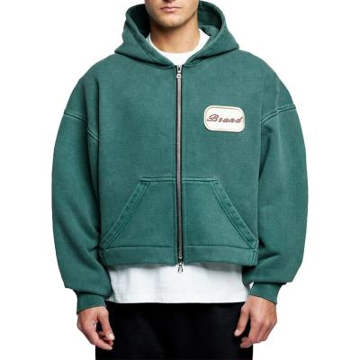 China Custom Logo Patch Applique Embroidery Heavyweight 600 gsm Hoodie Baggy Boxy Cropped Acid Wash Double Zipper Hoodie for sale