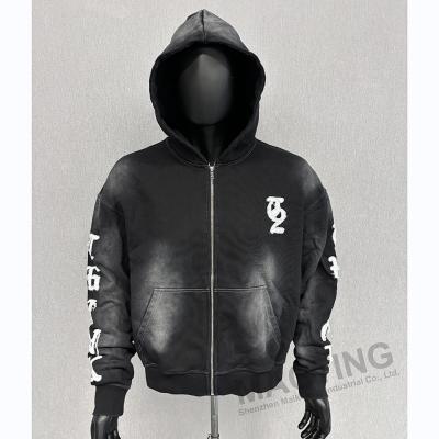 China Custom Logo Oversized Boxy Fit Cropped Zip Up Hoodies Heavyweight Vintage Washed Distressed Embroidery Hoodie for sale