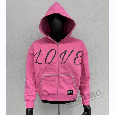 China Custom Y2K Streetwear 100% Cotton Heavyweight Oversized Hoodies Silk Screen Printing Rhinestone Boxy Zip Up Hoodie for sale