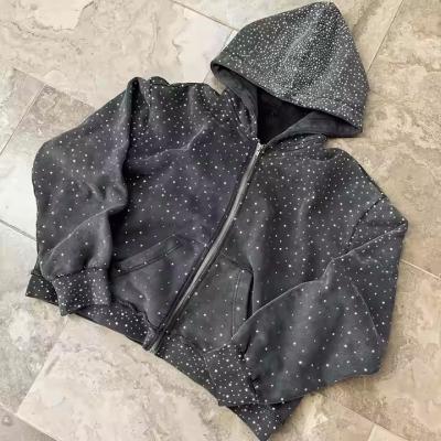 China Oem Schwergewichts Zipper Hoodie Custom 100% Baumwolle Terry Hoodie Sweatshirt Straßenbekleidung Strass Zip Up Hoodie für Männer zu verkaufen