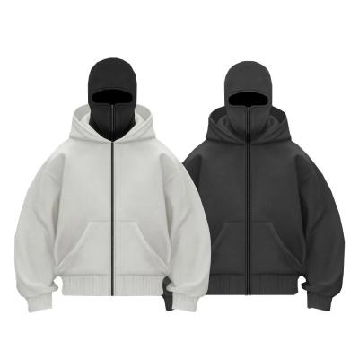 China Manufacturer Heavy Cotton Patchwork Double Hood Full Zip Up Balaclava Hoodies Custom Ninja Masked Men Hoodie for sale