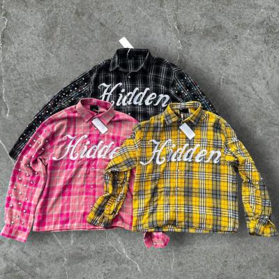 China Custom Winter Warm Plaid Shirts Embroidery Long Sleeve Oversized Diamond Acid Wash Rhinestone Button Up Flannel Shirts Men for sale