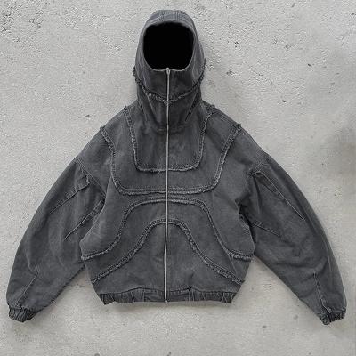 China Customized Zipper Stone Washed Distressed 100% Cotton Canvas Zip Up Hoodies for Men for sale