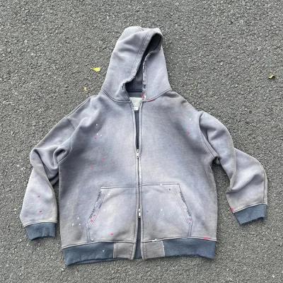 China Unisex Sun Faded Zipper Vintage Sweatshirt Custom Men Heavyweight Oversize Crop Boxy Zip Up Stone Acid Wash Distressed Hoodie for sale