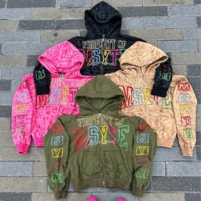 China Custom Logo Heavyweight 100% Cotton All Over Print Zipper Hoodies Acid Washed Vintage Distressed Boxy Zip Up Hoodies for Men for sale