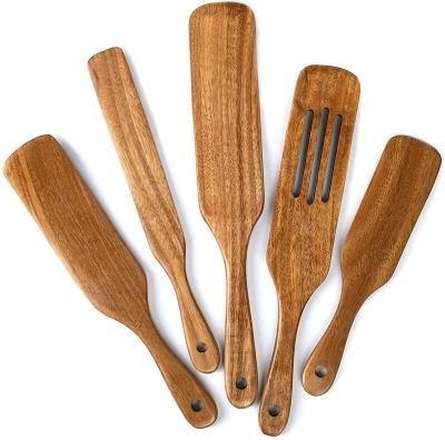 China Traditional 5 Piece Non Stick Acacia Wooden Spurtles Set Kitchen Utensils Tool Kit Wooden Spoons For Cooking for sale