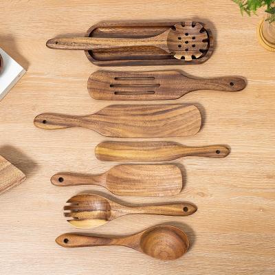 China Stocked 8 Pieces Non Stick Natural Premium Acacia Wooden Spurtle Set Wooden Kitchen Tool Kit Salad Mixing Spoon For Cooking Accessories for sale