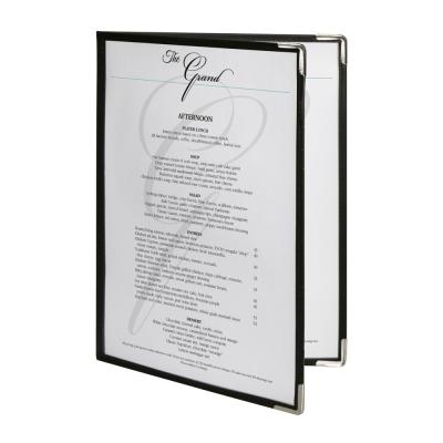 China Cheap PU Leather Edge Restaurant Menu Cover 2 Page 4View Transparent Leather Book Display PVC 8.5 x 11 Inch Menu Pad Holder for sale