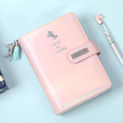 China Glitter Unicorn Theme PU Notebook Leather Cover 6 Ring Metal Binder Organizer Planner A6 Refillable Rainbow Softcover Pink for sale