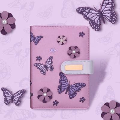 China Softcover Embroider Butterfly Theme Double Buttons 6 Ring Metal Binder Organizer Planner PU Refillable Notebook Purple Leather Cover A6 for sale