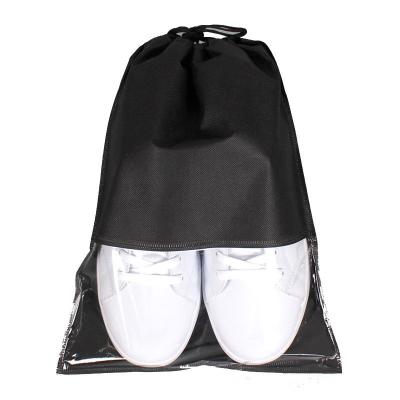 China Recyclable Wholesale Transparent Non Woven Window PP Drawstring Bag For Shoes Toy Storage for sale