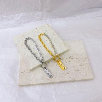 China Fashion punk new titanium chain ladies steel splicing bracelet frosted diamond square pendant English jewelry for sale