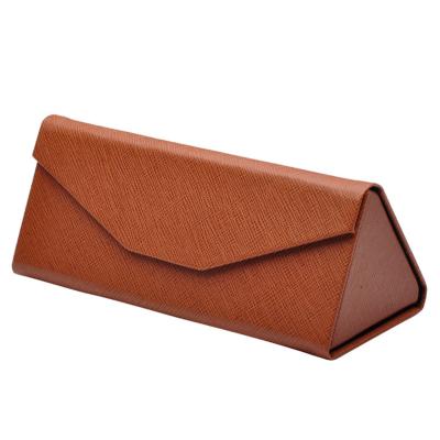 China Handmade Triangle Case Folding Portable Glasses Case Wooden Grain Sunglasses Leather Box For Monocle for sale