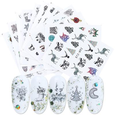 China High Grade Elk Snowman Christmas Tree Design Black And White Nail Decals Nail Art Sticker Nail Polish Water Transfer Plastic Stickers for sale