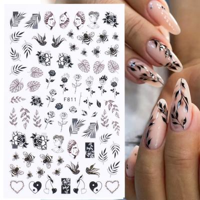 China Fashionable wholesale black and white flower nail stickers for nail art decoration flower nail diy adhesive decals for sale