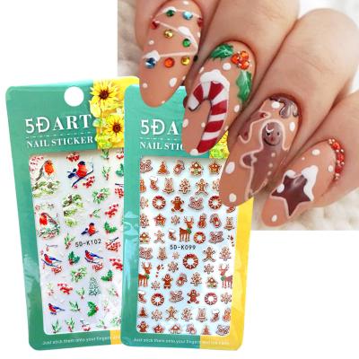 China Wholesale Fashionable 5D Nail Art DIY Adhesive Sticker Embossed Colorful Christmas Snowflake Nail Sticker for sale